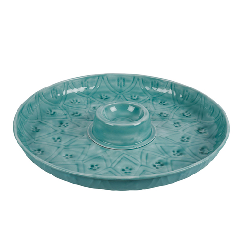 Maine & Crawford Roe 36cm Chip Dip Enamel Plate Embossed - Turquoise