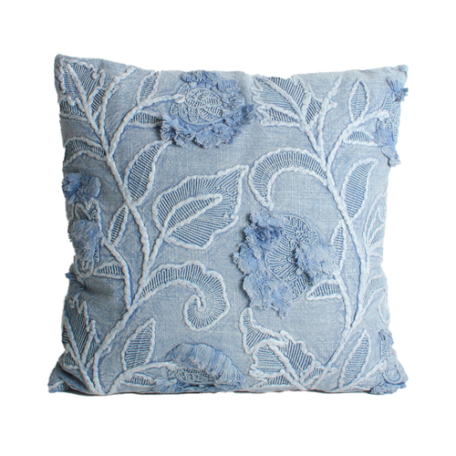 Maine & Crawford Carah 46x46cm Embroidered Flowers Cotton Cushion - Blue