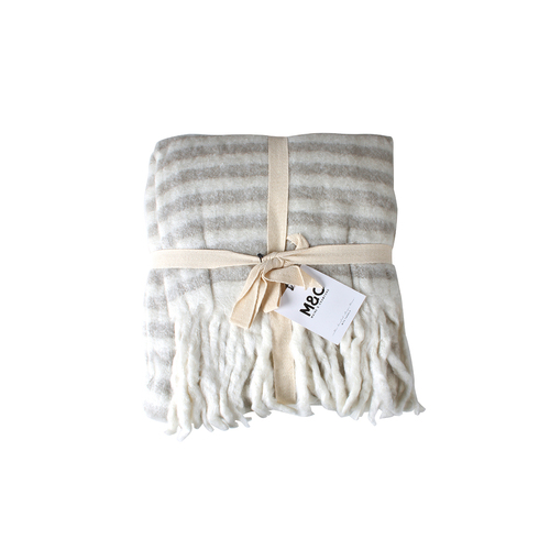 Maine & Crawford Ianthe 170x130cm Stripe Throw w/ Tassel - Stone/Cream