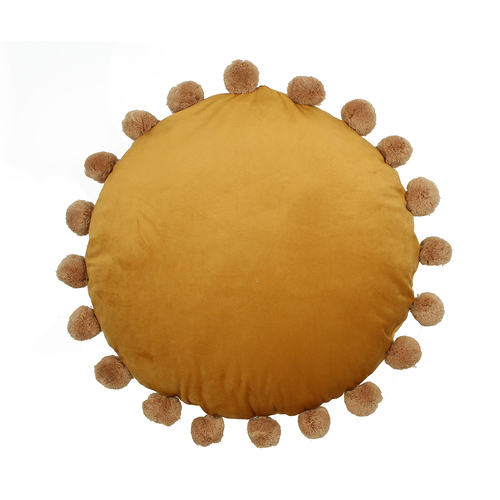 Maine & Crawford Barrett 45cm Velvet Round Cushion w/ Pompoms - Mustard