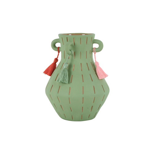 Maine & Crawford Boden Amphora 18x14cm Stoneware Vase w/ Tassel - Green