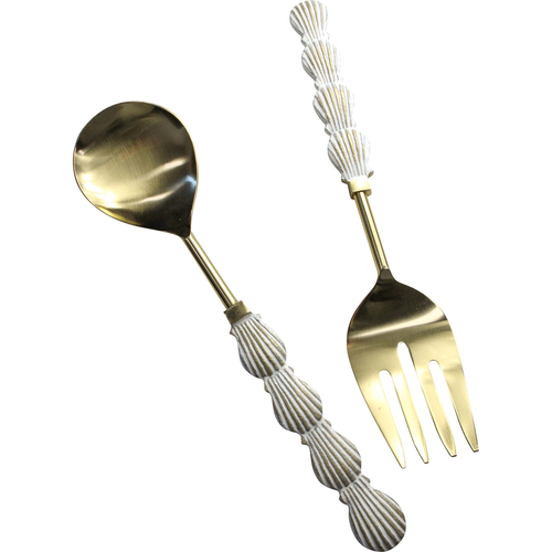 2pc LVD S/Steel/Brass Salad Servers Shell Handle - White/Gold