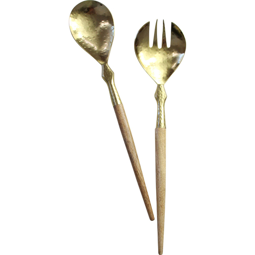 2pc LVD Brass Rustic Spoon & Fork Servers Wooden Handle 30cm - Gold/Brown