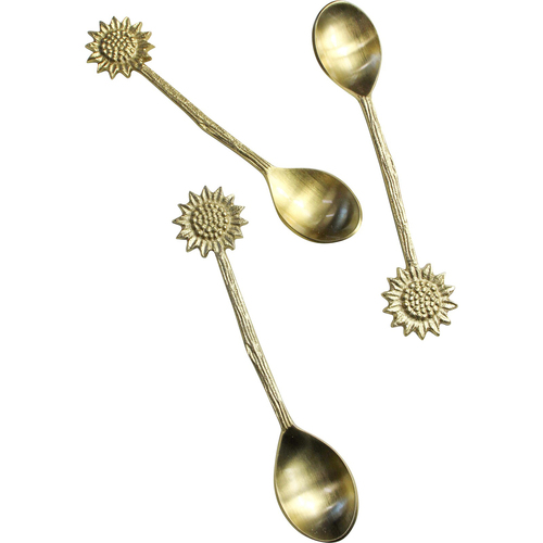 3pc LVD Brass Teaspoon Sunflower Handle 14x3cm - Gold