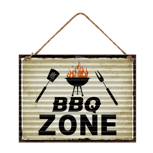 BBQ Zone Hanging Iron Sign 30x40cm w/ Rope Hanger Rectangle