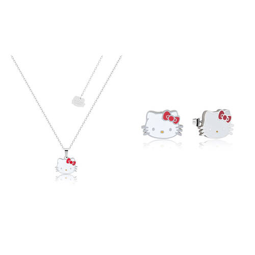 2pc Couture Kingdom Hello Kitty Head Enamel Necklace & Stud Earrings Silver