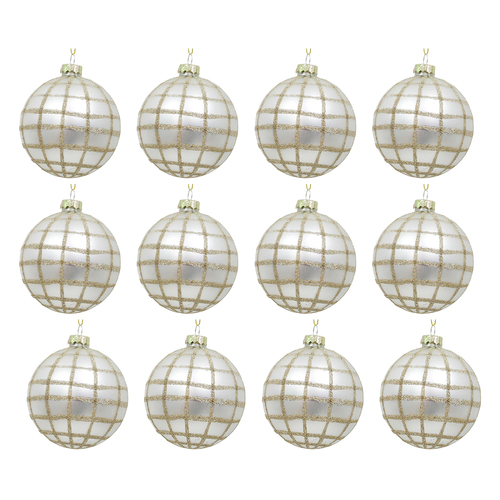 12PK LVD Glass Bauble Tartan Seasonal Christmas Decoration