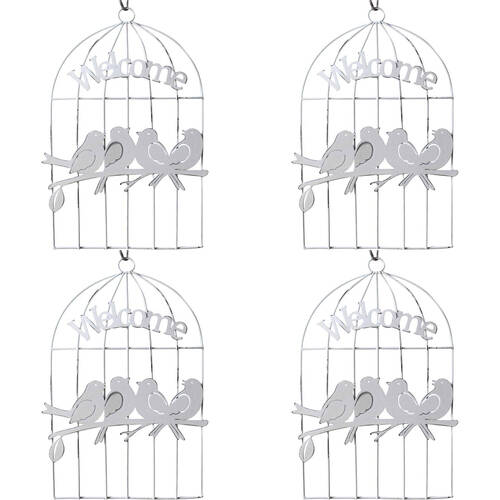 4PK LVD Hanging Birds In Cage Home/Garden Decor 14x21cm - White