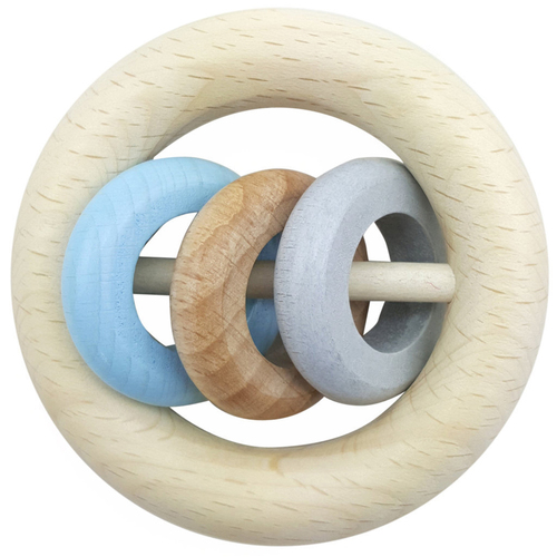 Hess Spielzeug 3-Ring Wooden 8.5cm Rattle Round Baby 0m+ Natural Blue