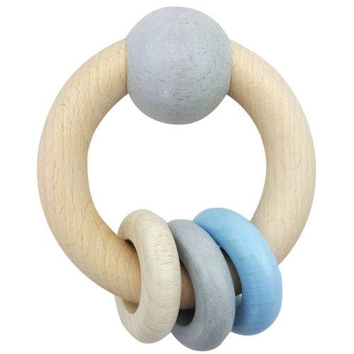 Hess Spielzeug 8.5cm Rattle Round w/ Ball/3 Rings Baby 0m+ Toy Natural Blue