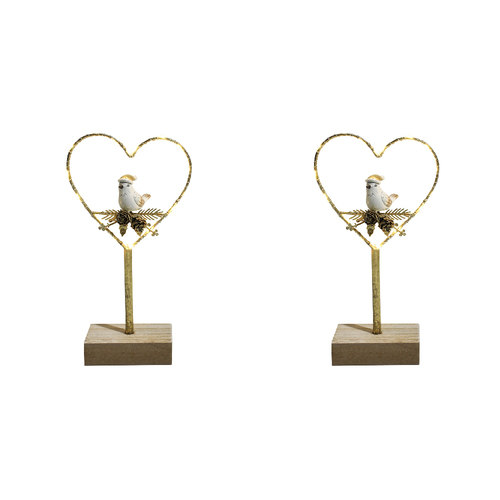 2PK LVD Metal Bird On Heart w/ Led Christmas Decoration - Gold