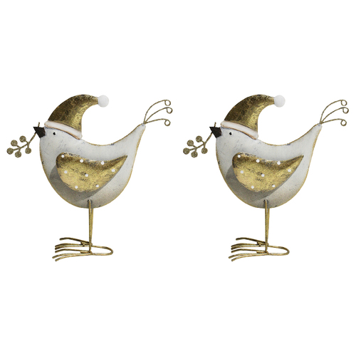 2PK LVD Metal Santa Bird Sculpture Lrg 18.5x15cm - White/Gold