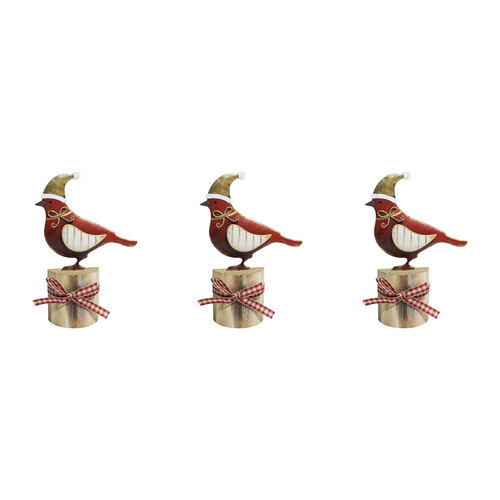 3PK LVD Metal/MDF Xmas Bird On Stump Christmas Decoration 17.5x13cm - Red/Gold