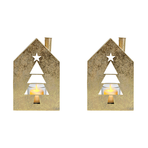 2PK LVD 11x18cm Metal Xmas Tree House Candle Holder Home Decor - Gold