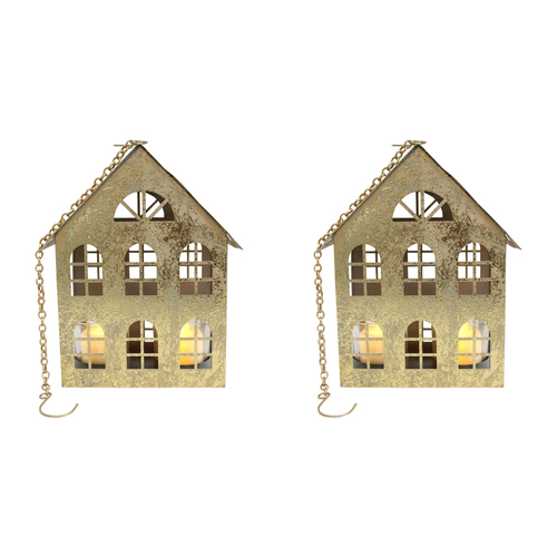 2PK LVD 26x20cm Metal Xmas House Candle Holder Home Decor - Gold