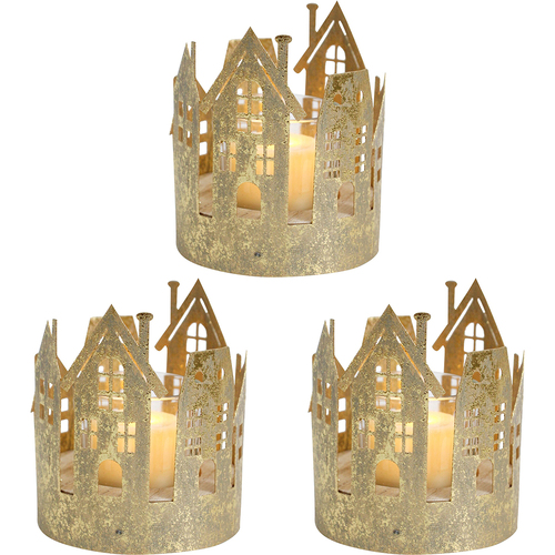 3PK LVD 10x8cm Metal Village Houses Candle Holder Home Decor - Gold