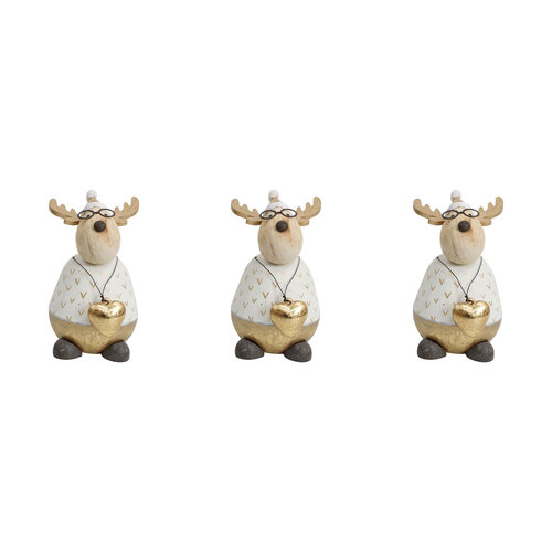 3PK LVD Wood/Resin Buster Deer Christmas Decoration Large 14cm - White