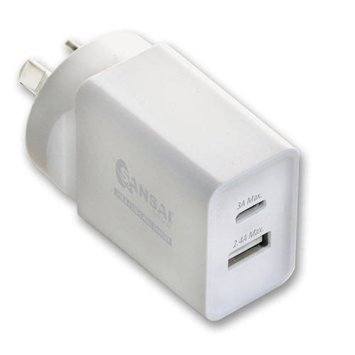 Sansai 3.0A 15W USB-C & 2.4A 12W USB-A Wall Outlets Charger - White