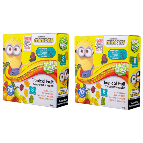 2x 8pc Iddy Biddy Fruity Bites Minions Tropical Gummy Fruit Snack Packs 160g