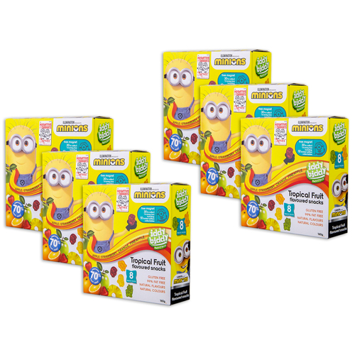 6x 8pc Iddy Biddy Fruity Bites Minions Tropical Gummy Fruit Snack Packs 160g