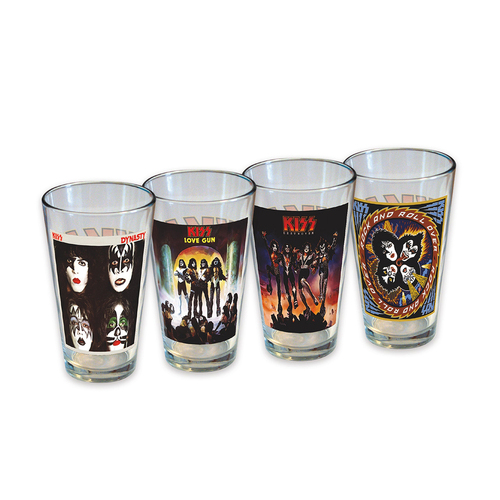 4pc Icup Inc KISS Liquor Drinking Pint Glass Set 16oz