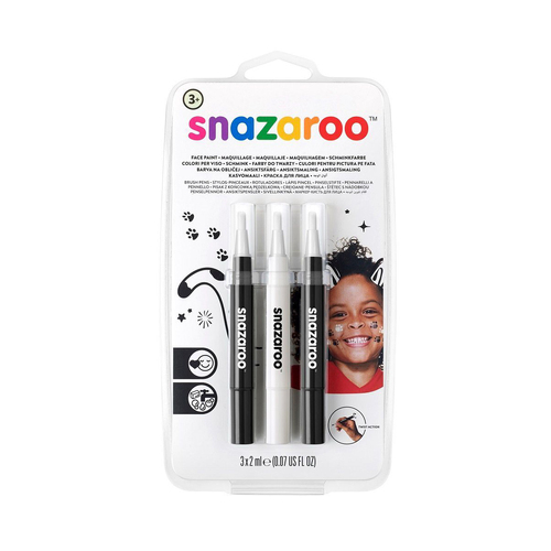 3pc Snazaroo Face Paint Brush Pen Black & White Themed 2ml