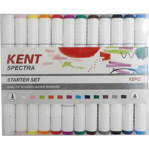 12pc Kent Spectra Graphic Markers Brush Chisel Nib Starter Set 