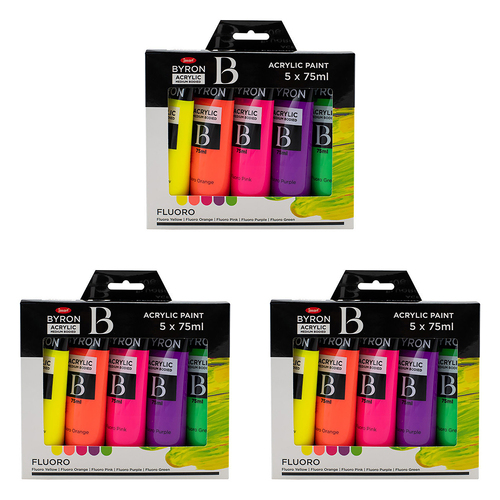 3x 5pc Jasart Byron 75ml Acrylic Paint Tube Set - Fluoro