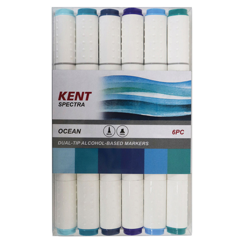 6pc Kent Spectra Graphic Markers Brush Chisel Nib Ocean Set 