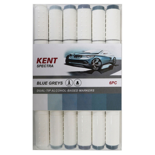 6pc Kent Spectra Graphic Markers Brush Chisel Nib Blue Greys Set 