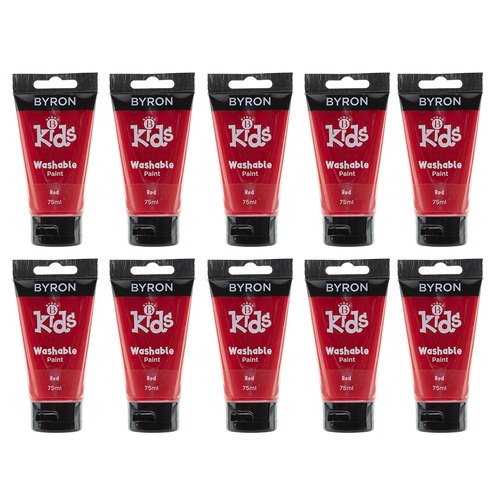 10PK Jasart Byron Kids 75ml Washable Paint Tube - Red 3y+