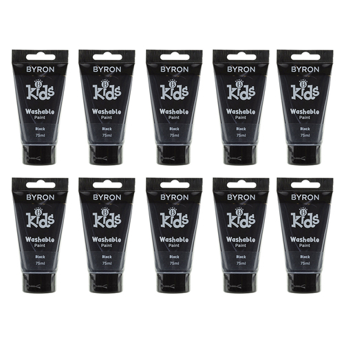 10PK Jasart Byron Kids 75ml Washable Paint Tube - Black 3y+