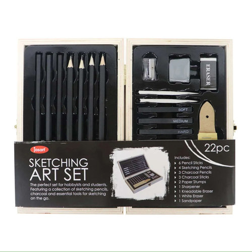 22pc Jasart Pencil/Charcoal Sketching Set w/ Wooden Travel Box