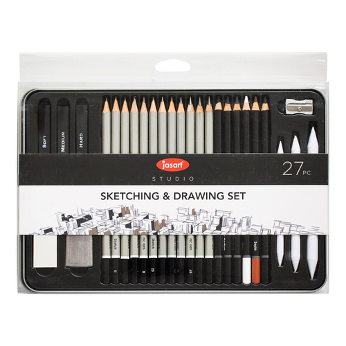 27pc Jasart Sketching/Drawing Graphite Charcoal Pencil/Eraser Set