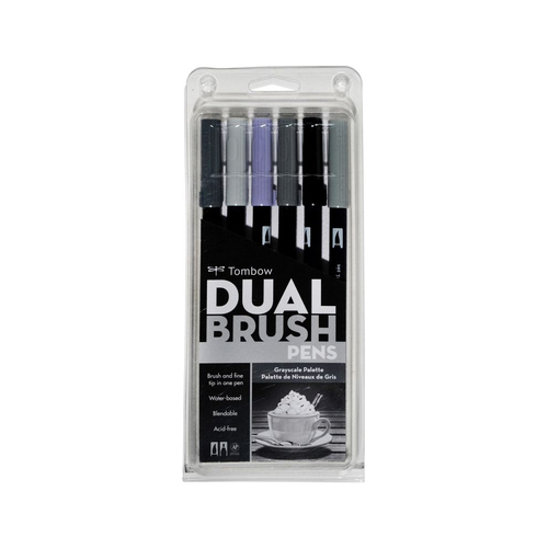 6pc Tombow Dual Brush Water-Based Pen Set - Greyscale