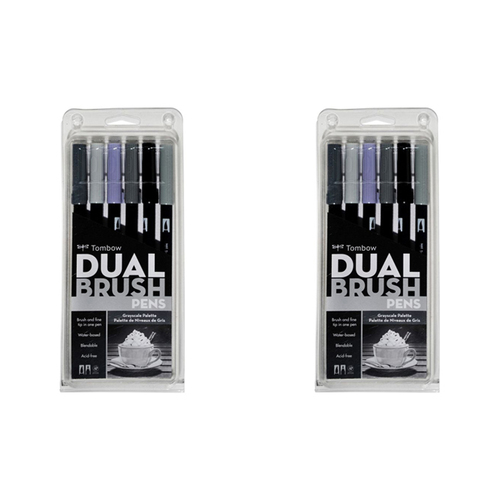 2x 6pc Tombow Dual Brush Water-Based Pen Set - Greyscale