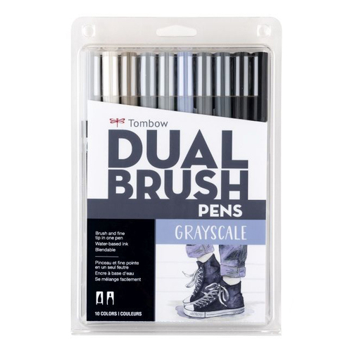 10pc Tombow Dual Brush Water-Based Pen Set - Greyscale