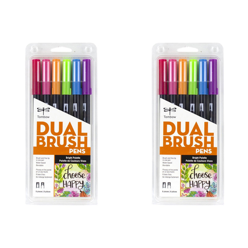 2x 6pc Tombow Dual Brush Pen Marker Drawing/Sketching Set - Bright