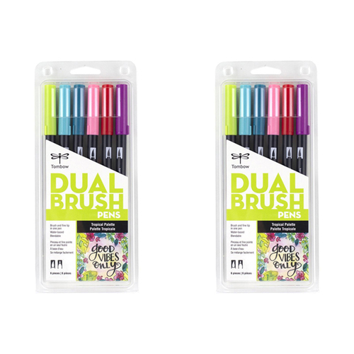 2x 6pc Tombow Dual Brush Pen Marker Drawing/Sketching Set - Tropical