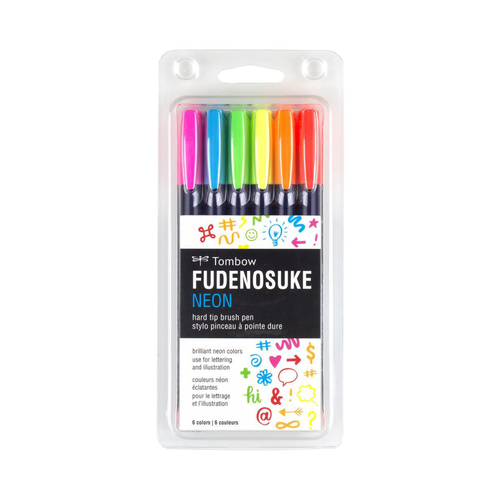 6pc Tombow Fudenosuke Neon Hard Tip Brush Pen Drawing Set