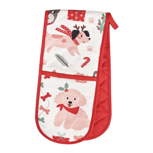 J.Elliot Home Dog Collage Christmas Double Glove 17x82cm White & Red