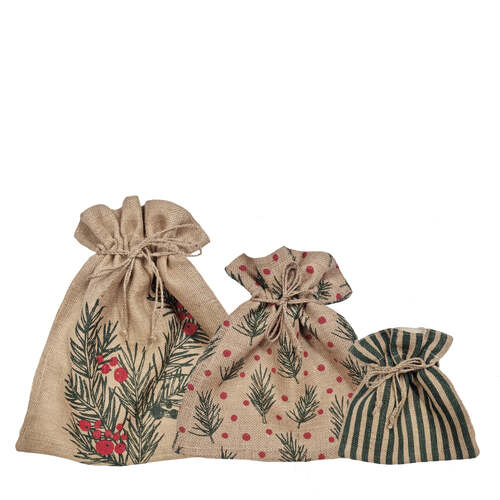 3pc J.Elliot Home Mistletoe Christmas Jute Gift Bags 3pk Natural