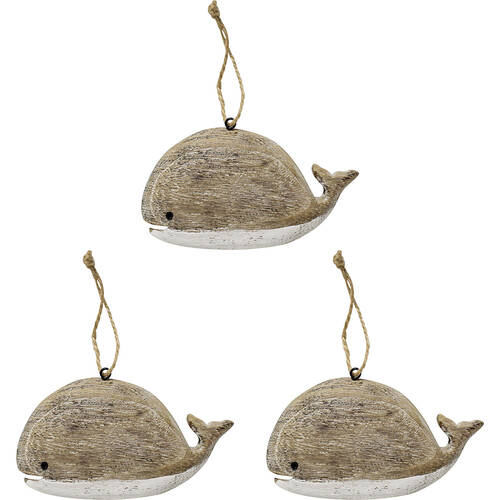 3PK LVD Wood Whale Hanger Ornament Decor 13x8cm - Natural