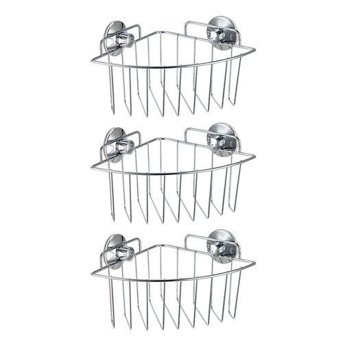 3PK Home Expression Chrome Corner Basket Ultra Lock Suction 19X19X12Cm