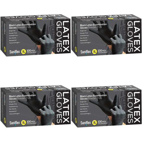 400pc Saniflex Black Latex Powder Free Gloves- Size XL