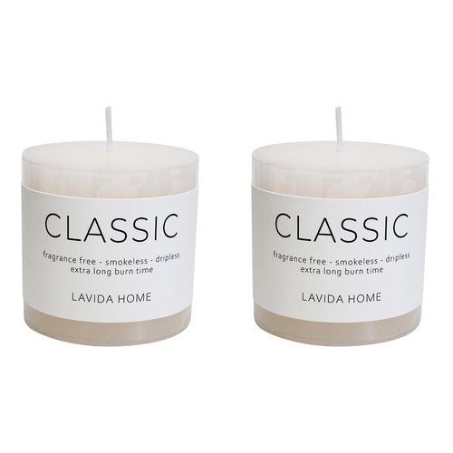 2PK LVD Classic 7.5cm Natural Wax Candle Fragrance Free - White