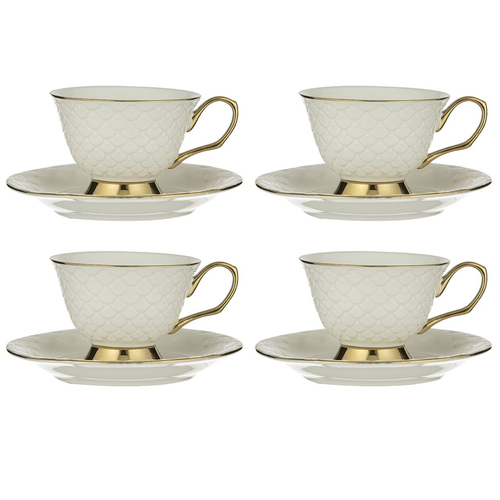 4x Ashdene New Bone China Ripple Cup & Saucer Set - White