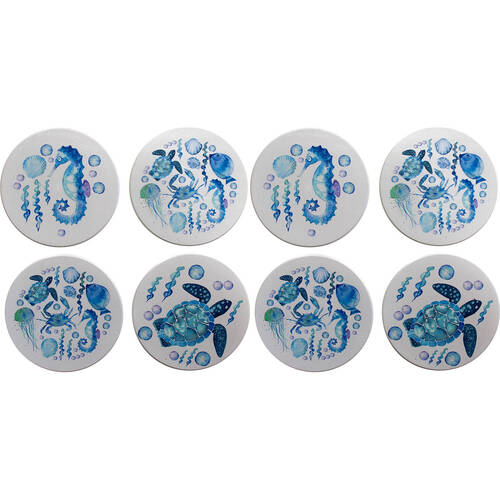 8pc LVD Ceramic Coasters Table Protector Round 9x9cm - Blue Sealife