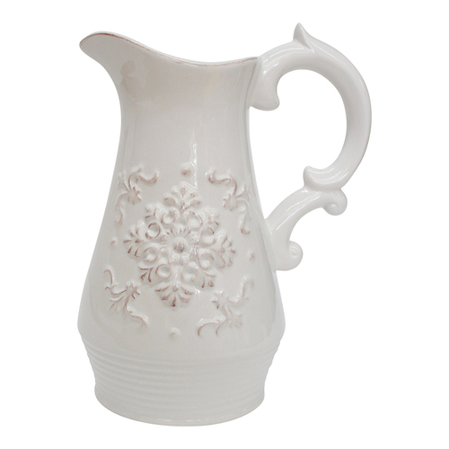 LVD Ornate Ceramic 22cm Jug Pitcher Decorative Container - White