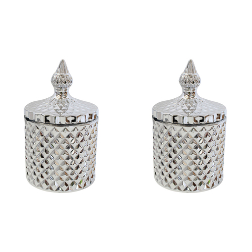 2PK LVD Glass Cruz Trinket Box Storage Decor Round 14.5cm - Silver